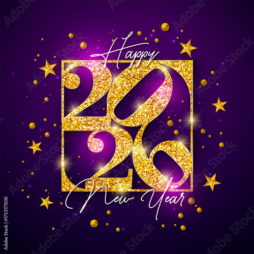 2026 Happy New Year Greeting Card Illustration with Gold Glittered Typography Number and Christmas Stars on Shiny Violet Background. New Year Celebration Holiday Design with Christmas Ornaments for