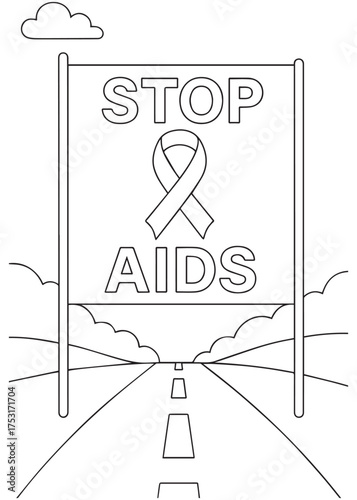 coloring book highway sign STOP AIDS with ribbon, awareness message for kids line art black and white