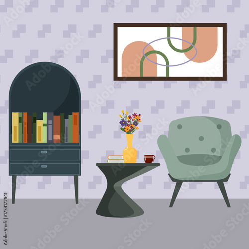 An interior with modern furniture. A bookcase, an armchair, and a table. A vase of flowers. A painting on the wall. A fragment of the living room. Vector illustration