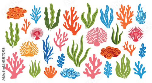 Vibrant coral reef elements in assorted hues, a playful under the sea display with a touch of cartoonish aquatic charm for creative projects