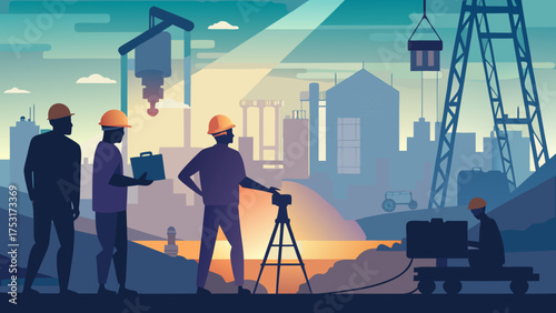 Construction workers overseeing industrial site development at sunset