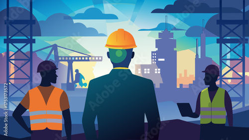 Construction workers and supervisors overlooking a city skyline at sunset