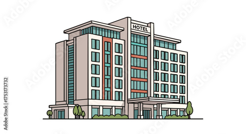 Stylized architectural representation showcasing a multistory hotel building in bright minimalist illustrative form