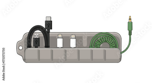Cartoon Illustration of Electronic Cable Organizer with Different Types of Cables and Connectors in Gray Box,  depicting tidy tech solution