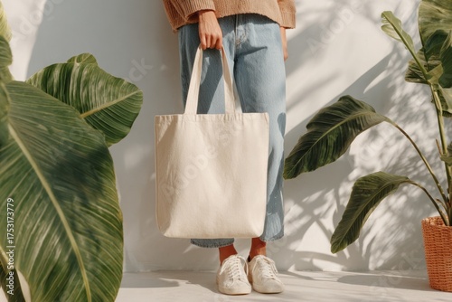 A woman is holding a white canvas tote bag while standing in front of a plant