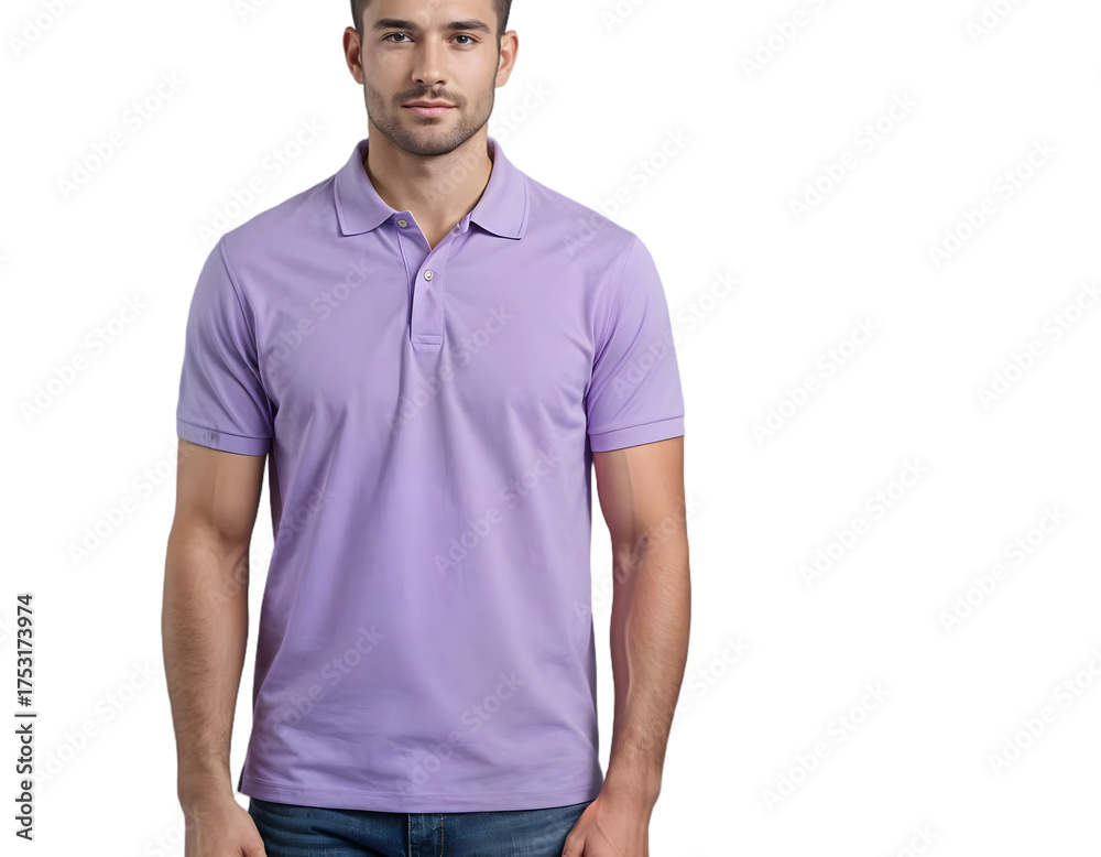 Obraz premium A man wearing a lavender polo shirt, captured in a studio portrait. He exudes a modern style and casual elegance.