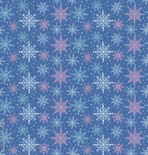 Winter snowflakes seamless pattern. Christmas blue background with cute elements
