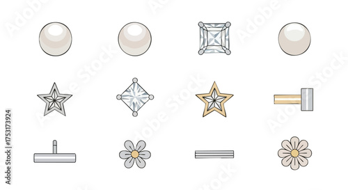 Collection of stylized earring designs: pearl studs, geometric diamond cuts, star shapes and petite flower studs offers subtle elegance