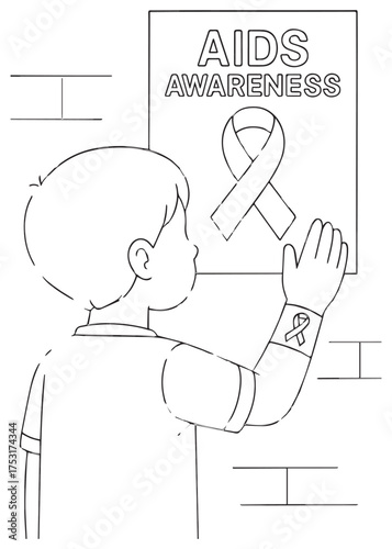 coloring book boy placing AIDS AWARENESS poster on wall, school campaign line art