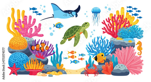 Delightful underwater world illustration with sea turtle, vibrant corals, and a colorful array of marine life  a whimsical aquatic scene