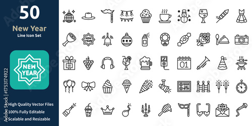 New Year icon set in Outline style. Minimilist and trendy Icon set. Containing Icons,Disco Ball,Hat,Mustache,Decoration,Muffin,and so on.