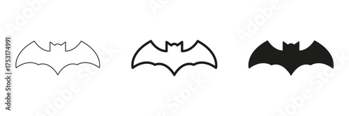 Bat Silhouette In Line, Outline, And Glyph Icon Set. Halloween Symbol Collection. Perfect For Spooky Themes And Wildlife Representation. Isolated Vector Illustration