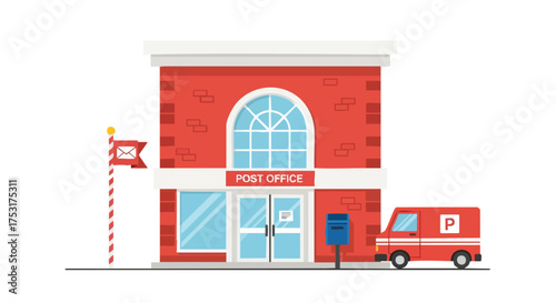 Whimsical Post Office Illustration with Delivery Van and Mailbox in Cheerful Design