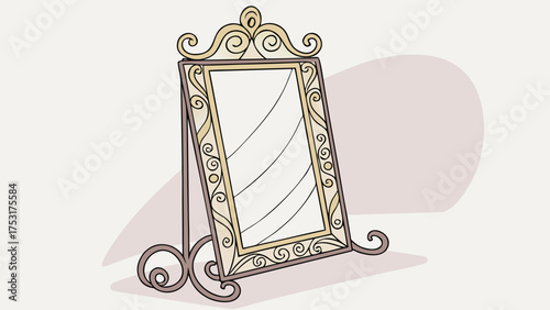 Illustration of a standing mirror with ornate gold frame and decorative metal stand design element