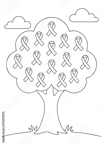 coloring book tree filled with ribbons, World AIDS Day remembrance and hope theme line art