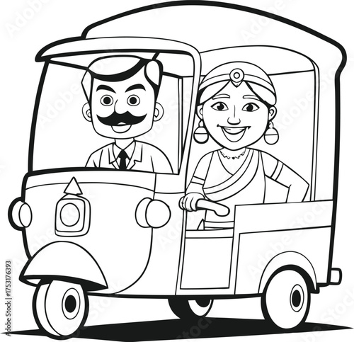 Line art Man and woman in a tuk auto rickshaw vehicle