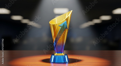 Golden trophy award with arrow for business success and achievement concept of winning and leadership goal