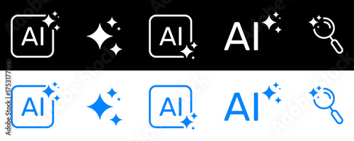 Artificial Intelligence Sparkles AI Recognition and Search Solid Icon Set. Machine Learning Data Processing Future Technology Silhouette Symbol Collection. Isolated Vector Illustration