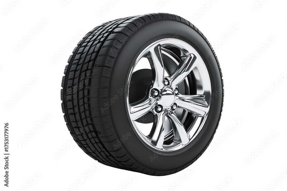 Obraz premium Shiny chrome wheel with black tire isolated on a transparent background