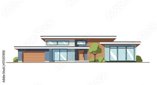 Stylized vector illustration depicting a modern residential house with geometric design features and landscaping