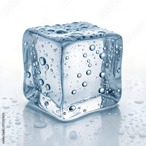 Fresh Clear Ice Cube with Water Drops on White Background