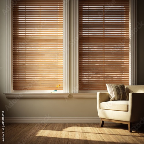 Wallpaper Mural Elegant wooden blinds in a pale wood tone covering tall windows, combining functionality with modern, airy interior aesthetics. Torontodigital.ca