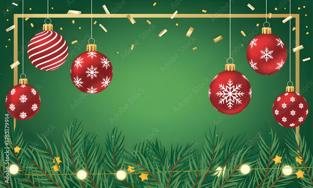 Naklejka premium Festive Christmas Ornaments on a Green Background with Gold Frame and Confetti