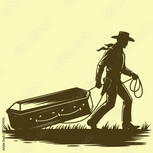 A lone cowboy gunslinger in silhouette dragging a coffin on a grim journey in the old west