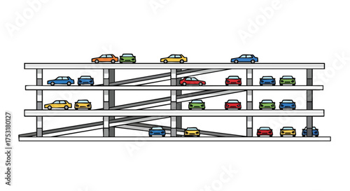 Stylized parking garage illustration showcasing multi-level parking with compact cars in a minimalist design style for urban transportation concepts