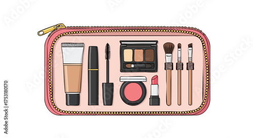 Illustration showcasing an array of cosmetic products neatly arranged inside a stylish makeup bag design representation
