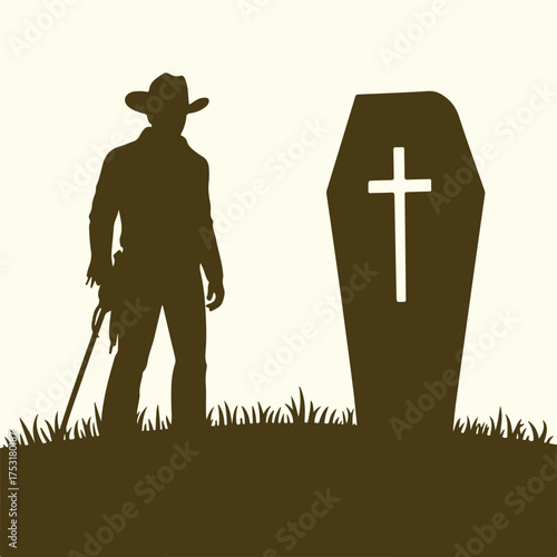 Cowboy at a Gravestone Silhouette of a Western Figure Mourning the Loss of a Loved One
