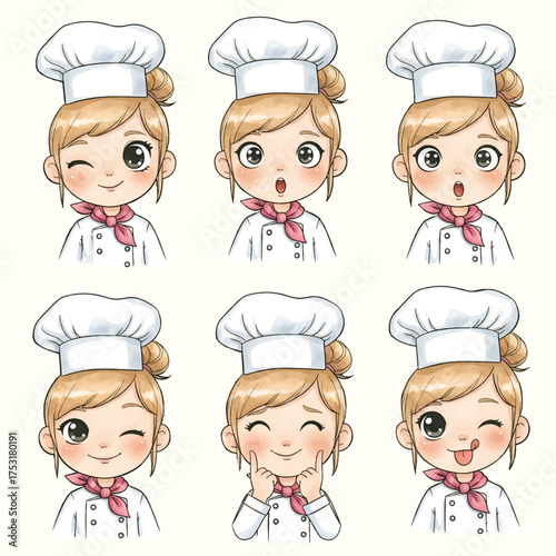 Kawaii Bakery Chef Girl Vector Art for Logo or Sticker Design set