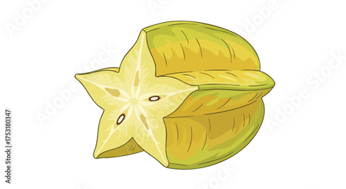 Whimsical star fruit illustration showcasing vibrant yellow hues and intricate star shape on a clean white background
