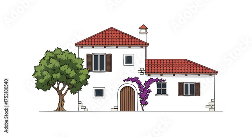 Charming Mediterranean House Illustration with Red Tile Roof, Lush Tree and Purple Flowering Vine against a Pristine White Background
