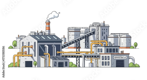 Industrial complex illustration depicting interconnected buildings with a tall chimney emitting smoke and pipelines 68 characters