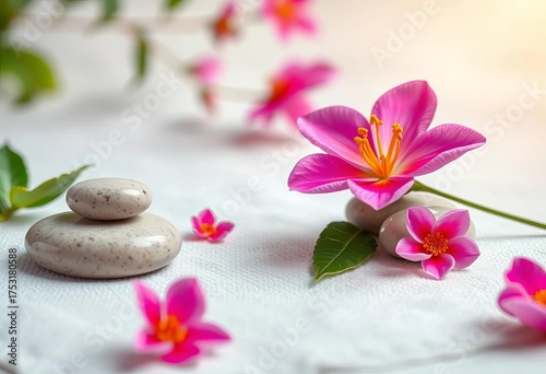 Smooth spa stones & vibrant flower bloom on soft backdrop,  clean,  natural