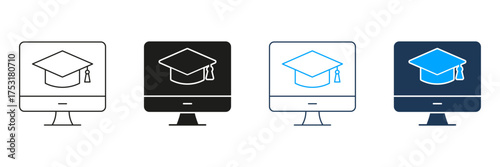 Graduation Cap On Computer Screen Line And Solid Icon Set. Online Education, E-Learning, Virtual Graduation Symbol Collection. Digital Learning And Academic Achievement. Isolated Vector Illustration