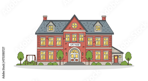 Stylized drawing of a grand red brick house, reminiscent of a classic institutional building with a swing set and landscaping