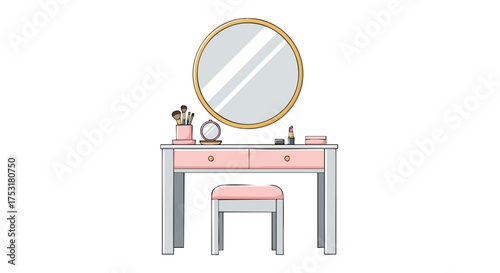 Elegant vanity table with round mirror and makeup accessories for beauty and style concept illustration