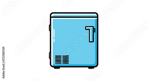 Stylized illustration of a compact light blue refrigerator on a pristine white background with a outlined design that invokes modern simplicity