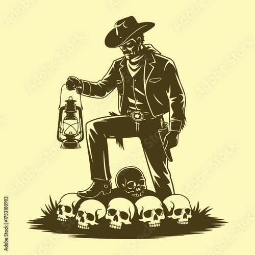 Grim western cowboy outlaw with a lantern standing on a pile of human skulls