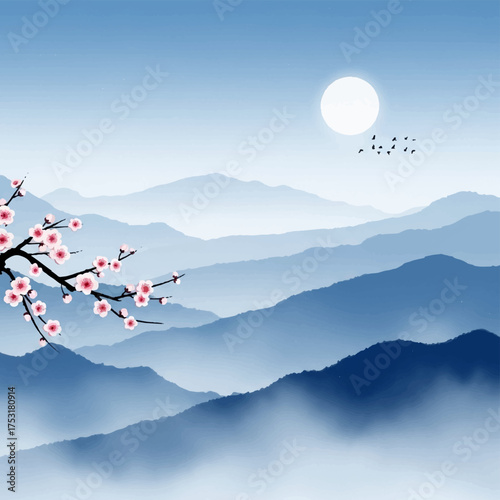 Ink wash painting of mountains and blossoming cherry blossoms, moon and birds in a serene landscape- 6