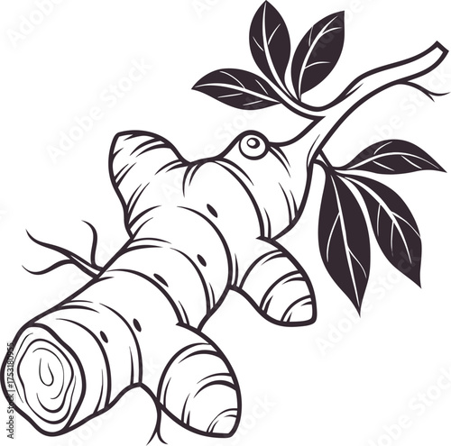 Simple black silhouette of a ginger root on white background