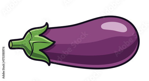 Cartoon Eggplant Illustration with Green Stem and Glossy Highlights for Kids Activities and Culinary Designs