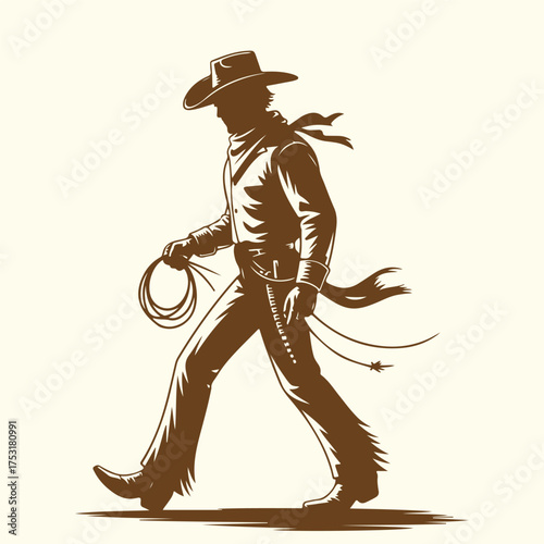 Silhouette of a Cowboy Walking with a Lasso in a Retro, Sepia-Toned Illustration