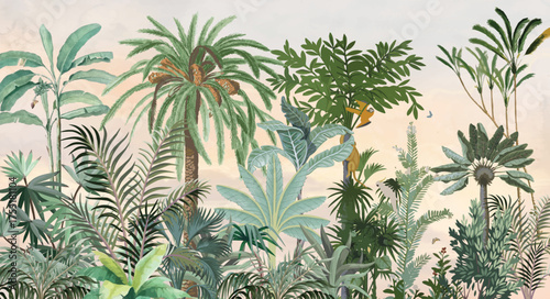 Mughal Garden Arch Plant Peacock Illustration, Tropical Wall Mural, Mughal Wallpaper.