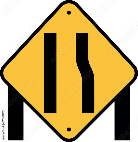 Road narrows ahead warning sign traffic caution symbol vector