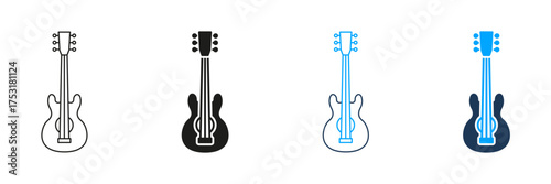 Electric Guitar Line And Solid Icon Set. Musical Instrument, Rock Music, And Performance Symbol Collection. Guitar Silhouette In Various Styles. Isolated Vector Illustration