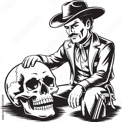 Cowboy with Skull on White Background human skull western