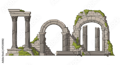 Sketch of classical architectural ruins with arches and pillars, symbolizing history and decay evoking forgotten civilizations and the passage of time